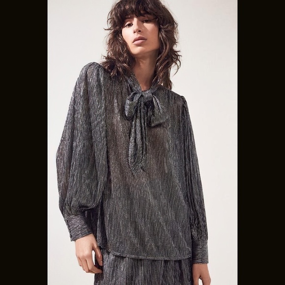 SUNCOO PARIS LYNSEE METALLIC TIE NECK BLOUSE SILVER TOP SZ T1 - Picture 8 of 11